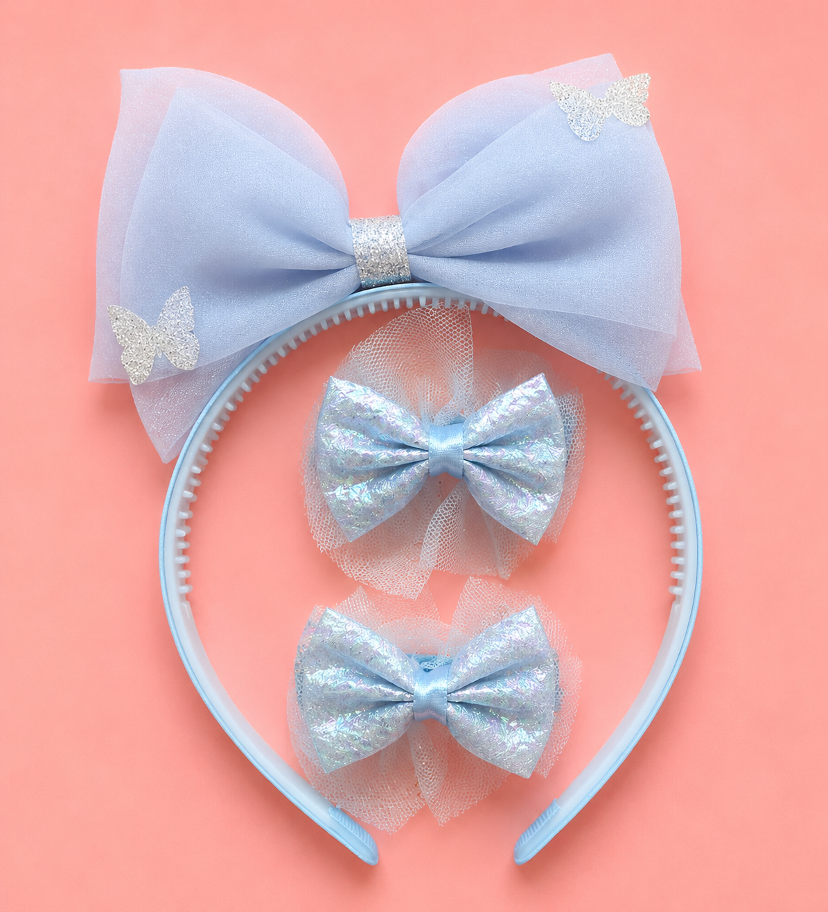 Tulle Bow Headband & Hair Clip Set for Girls – Big Bow Alice Band with 2 Matching Bow Clips | 4 Pastel Colours | Glitter Tulle | Kids Hair Accessories for Toddlers & Girls Age 3+ | Birthday & Party Gift