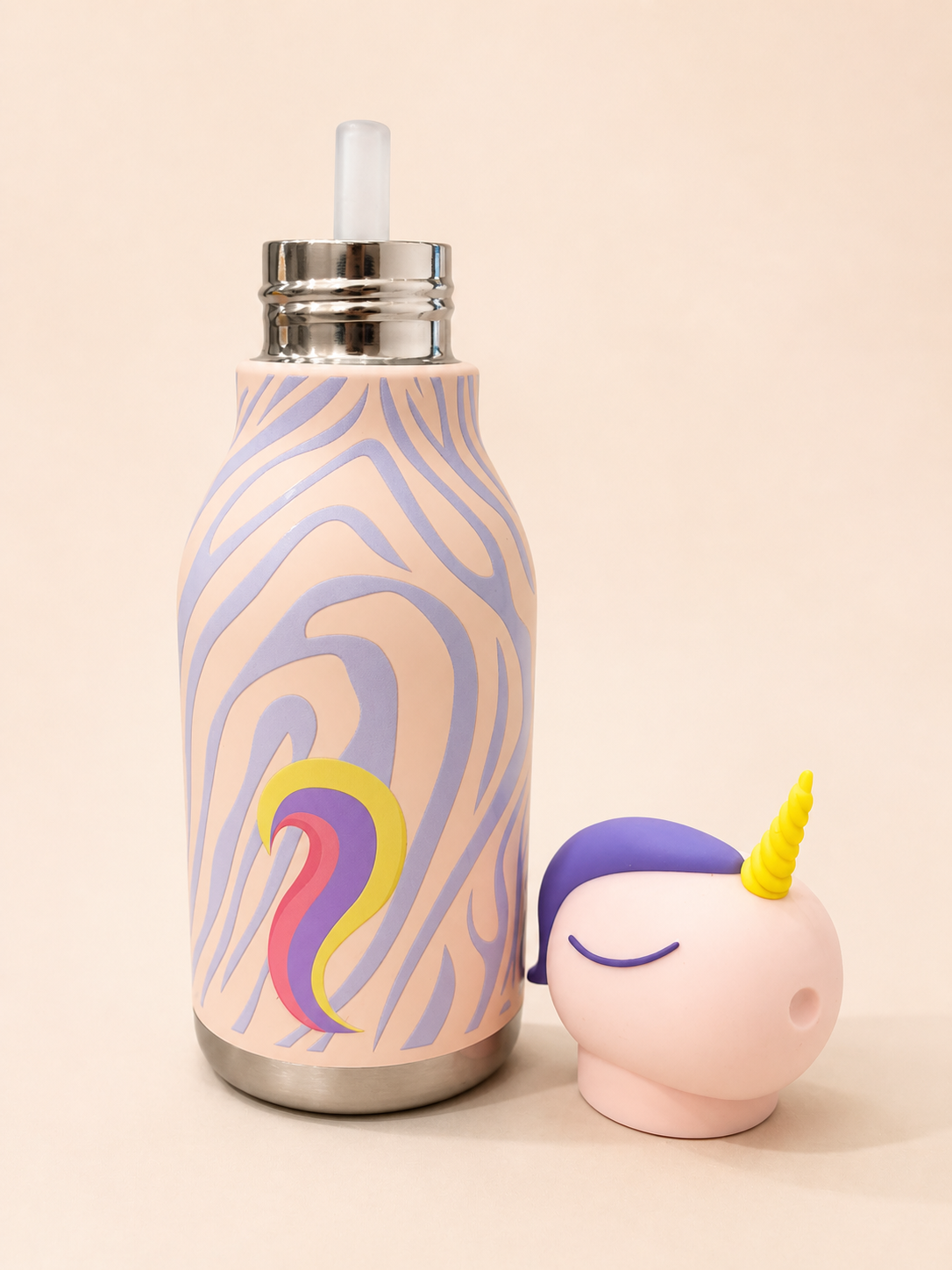 Kids Insulated Steel Water Bottle with Detachable Character Cap | Feather Print | Straw Cap | 500ml | School, Travel & Outdoor Use