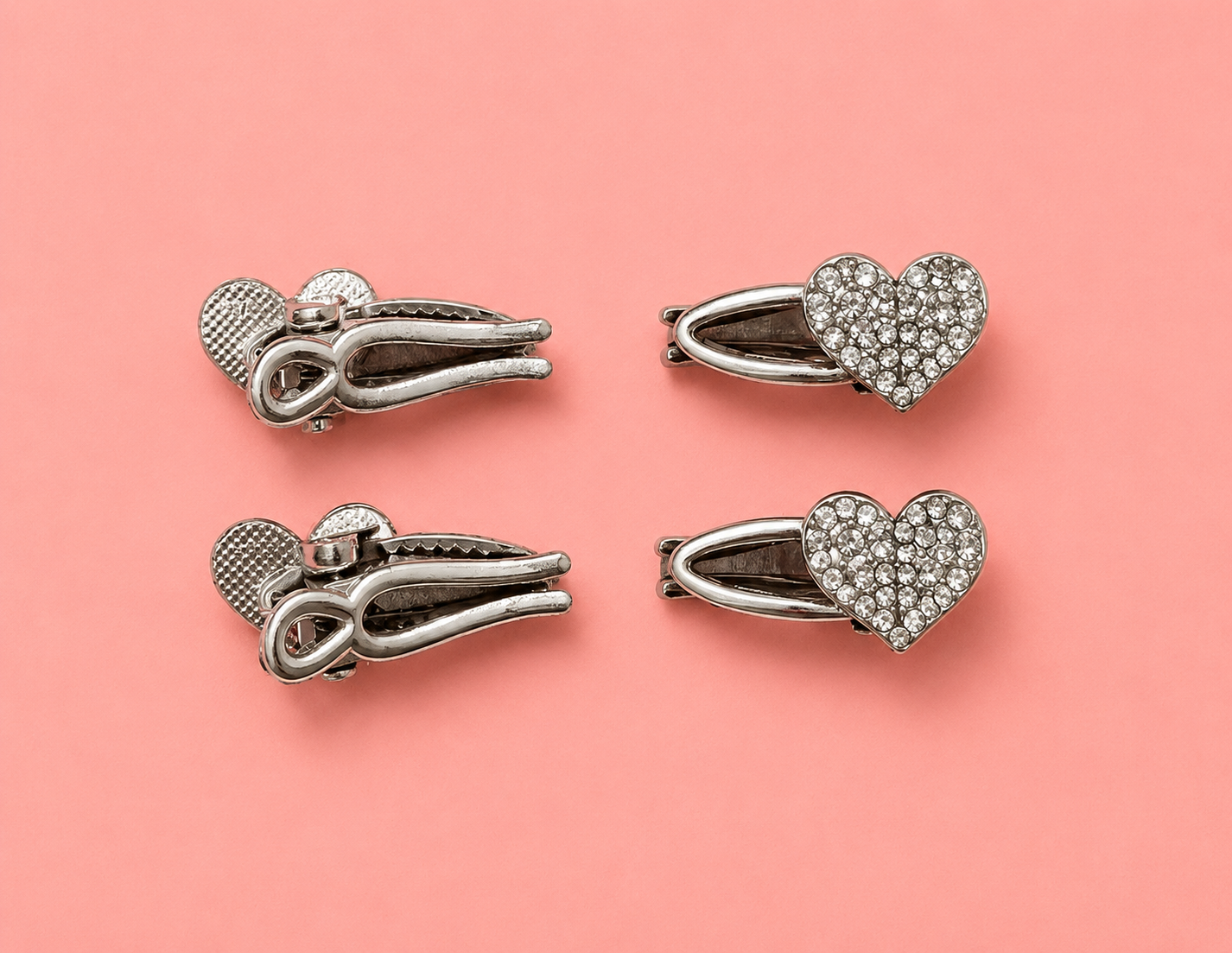 Crystal Double Heart Hair Clips for Girls – Silver Rhinestone Pave Snap Clips | Set of 6 | Bling Heart Hair Clip for Kids, Teens & Women | School, Party & Festive Wear | Birthday Gift