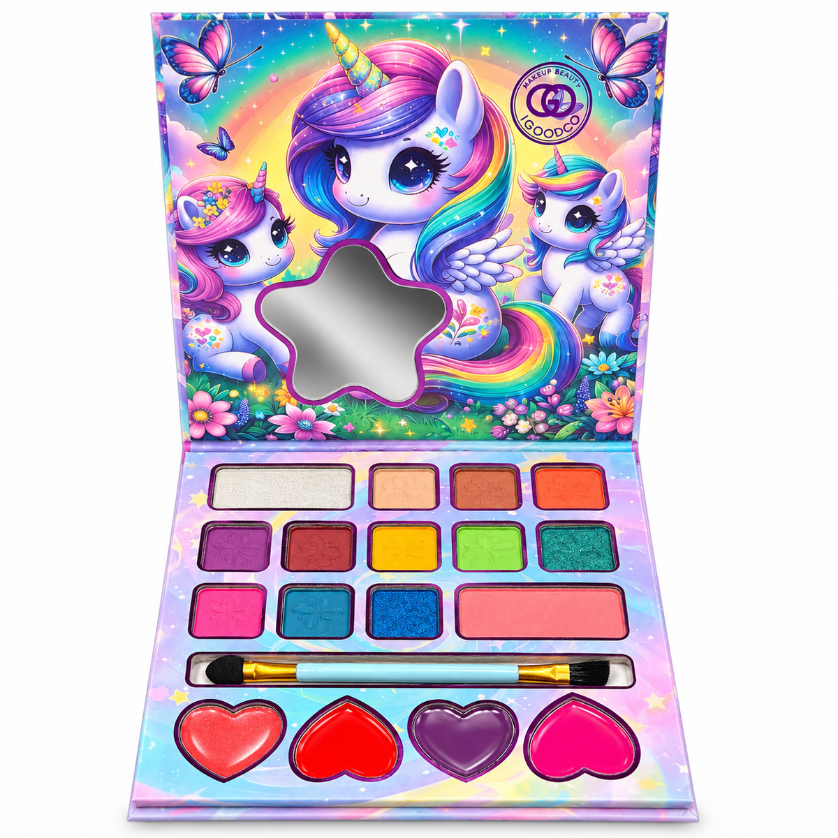 Unicorn Makeup Palette for Girls – Kids Makeup Kit with 12 Eyeshadows, Highlighter, Blush & 4 Heart Lip Glosses | Rainbow Unicorn Beauty Set with Star Mirror & Applicator | Pretend Play Gift for Girls