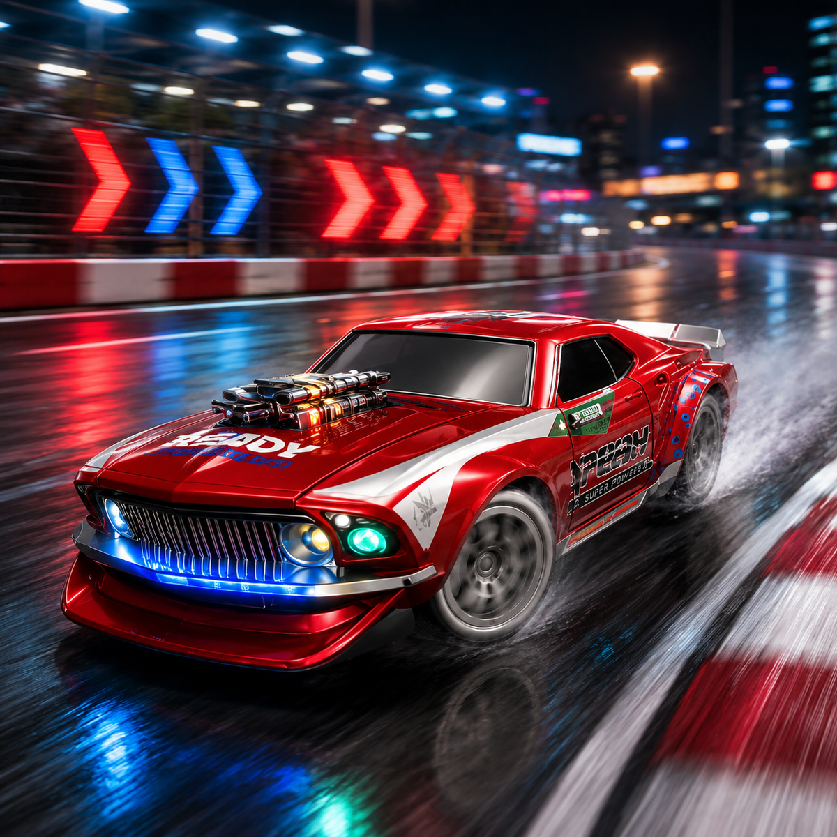 Xuanqi 1:16 Remote Control Car for Kids – 2.4GHz RC Muscle Racing Car with Spray Mist Exhaust, LED Lights, Rubber Tyres & Shock Absorbers | Rechargeable High-Speed Drift Car | Gift for Boys 6+ Years