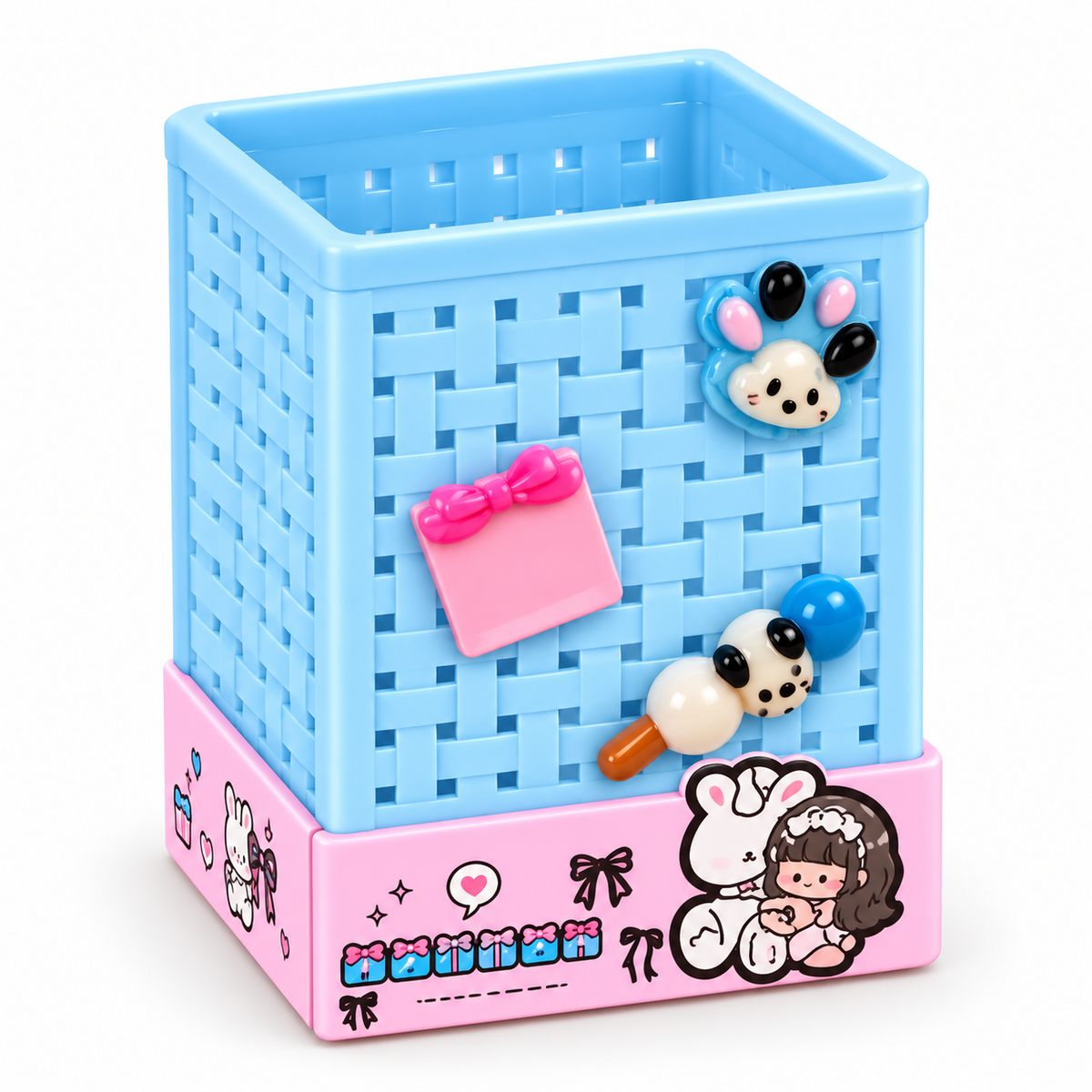 Cute Basket Weave Pencil Holder for Kids – Square Pen Stand with 3D Kawaii Charms & Printed Base, Desk Organizer for Pens, Pencils, Markers & Brushes – Stationery Storage for Study Table & Kids' Room
