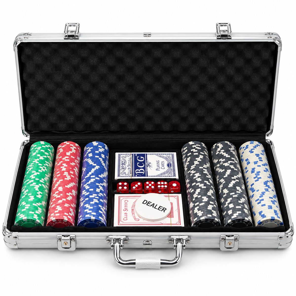 300 Chips Poker Set with Aluminium Case, 2 Card Decks, Dice & Dealer Button