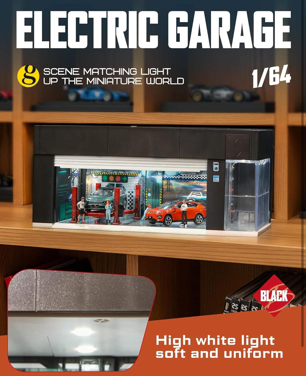 1:64 Scale LED Garage Diorama Model – Miniature Car Display Box with Interchangeable Scene Cards (A1/A2/A3) | 3D Scene, Free Assembly, Realistic Workshop Design – Perfect for Hot Wheels, Tomica & Diecast Collections
