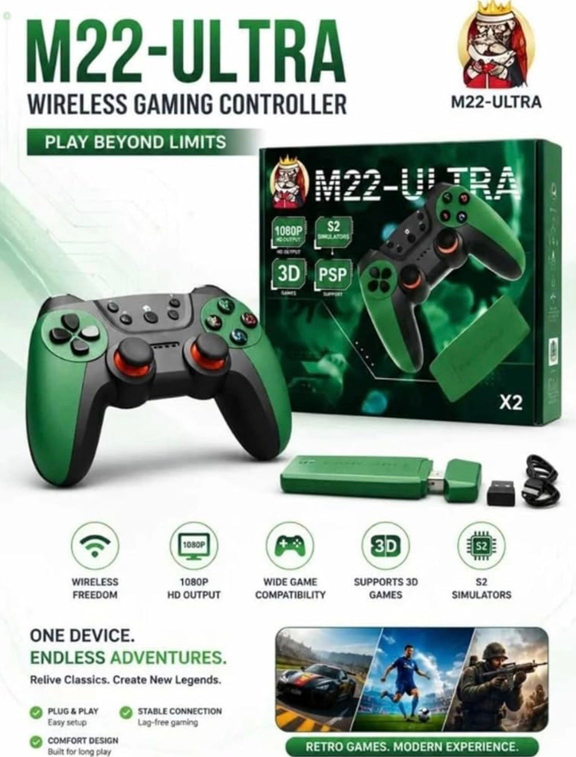 M22 Ultra Wireless Game Stick – Plug & Play TV Gaming Console with 2 Wireless Controllers, 1080P HDMI Output, 2.4G Low-Latency Connection, Retro-Style Video Game Stick for TV – Green