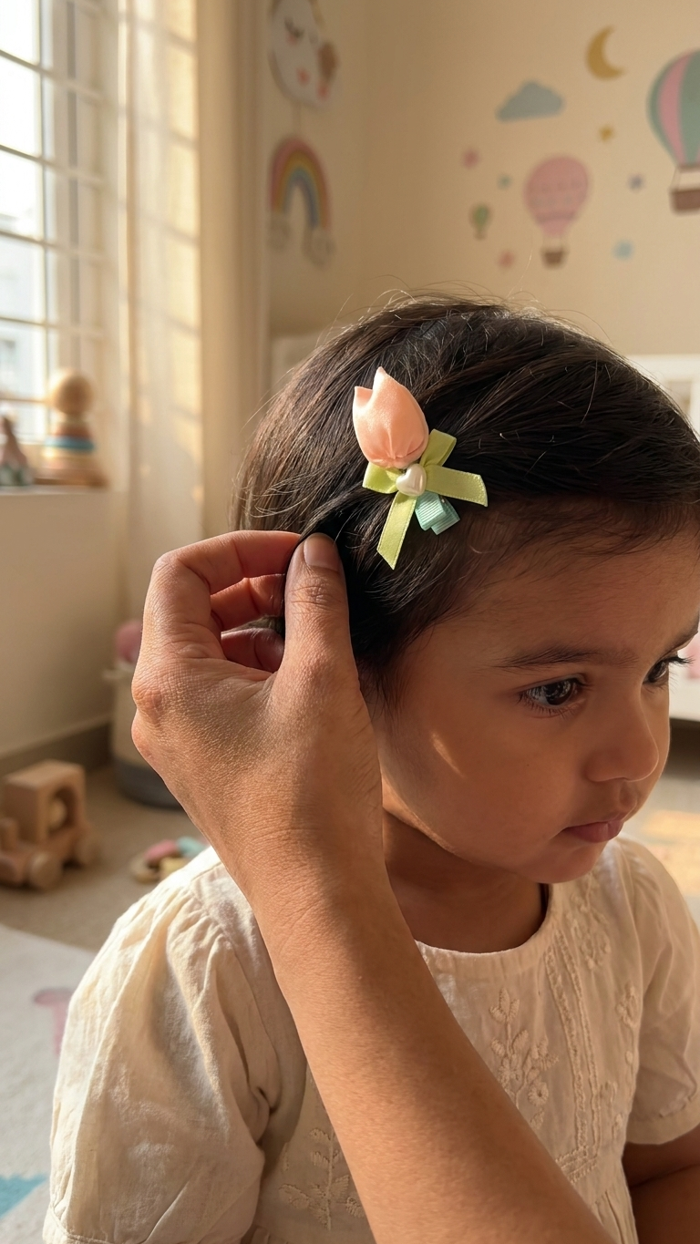 Satin Tulip Flower Hair Clips for Girls – Handcrafted Ribbon Bow Base with Pearl Heart Charm | Set of 2 | Pastel Pink, Blue & Purple | Kids & Teen Hair Accessories | Festive, Party & Birthday Gift