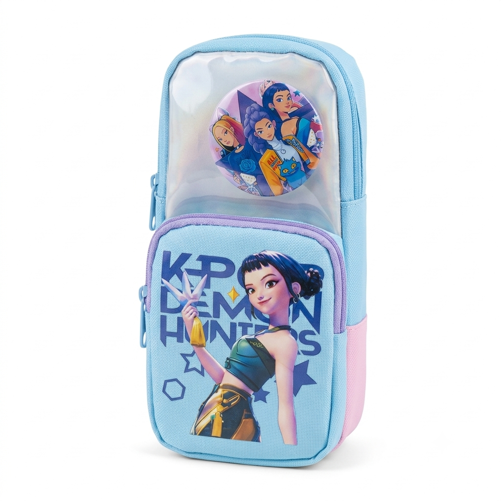 KPop Demon Hunters Holographic Pencil Pouch with 2 Zip Compartments & Pin Badge