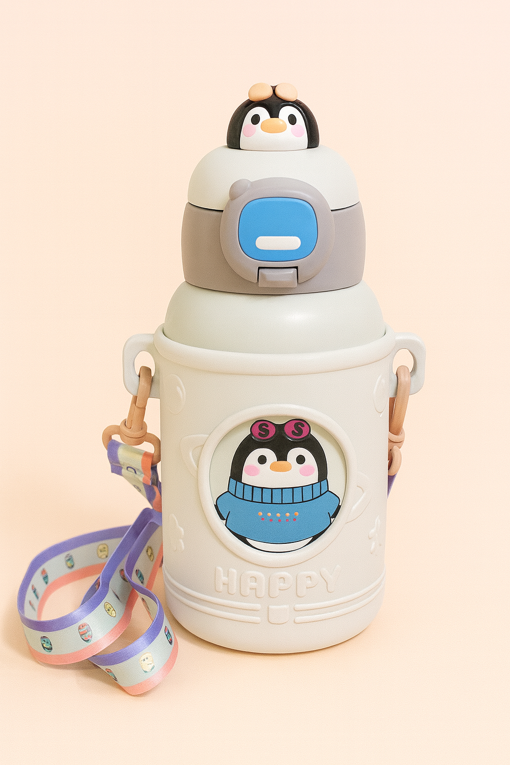 Happy Bunny Kids Water Bottle with Carry Strap | Spill-Proof Flip-Lid Bottle with 3D Bunny Cap & Insulated Body | Cute Cartoon Drinking Bottle for School, Travel & Outdoor Play (Peach Pink)
