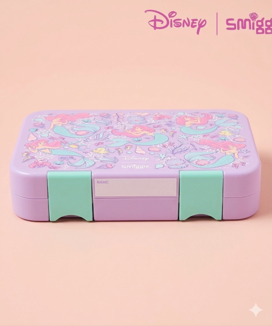 Little Mermaid Kids Hard Shell Lunch Box – Raised 3D Emboss Ariel & Underwater Kingdom Print, Multi-Section Tiffin with Secure Clip Locks, Girls Ages 3+, Lavender/Mint