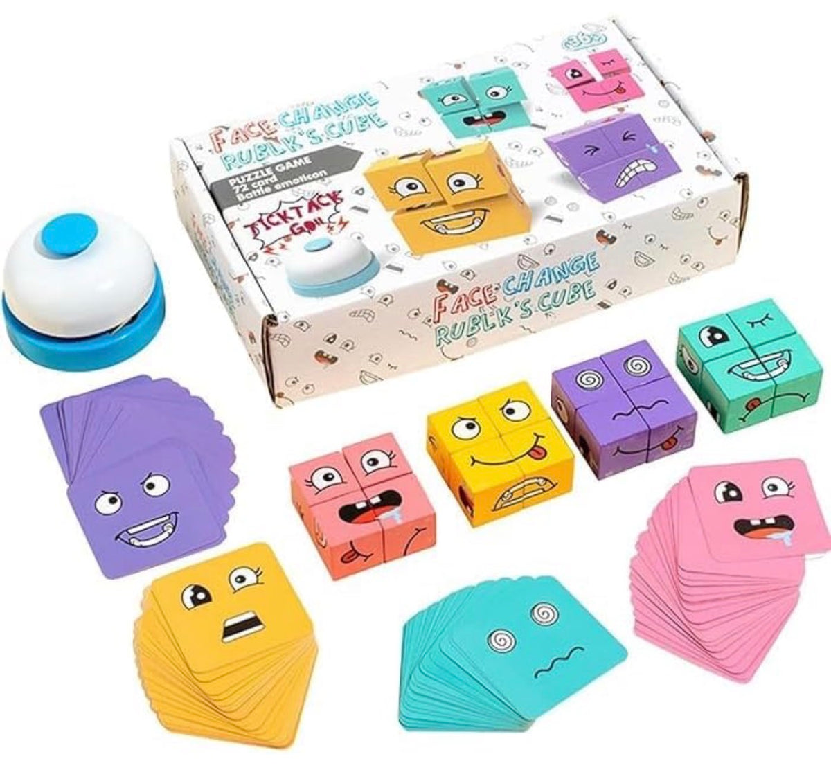 Face Changing Cube Game for Kids with Wooden Blocks, Picture Cards & Bell, Expression Puzzle
