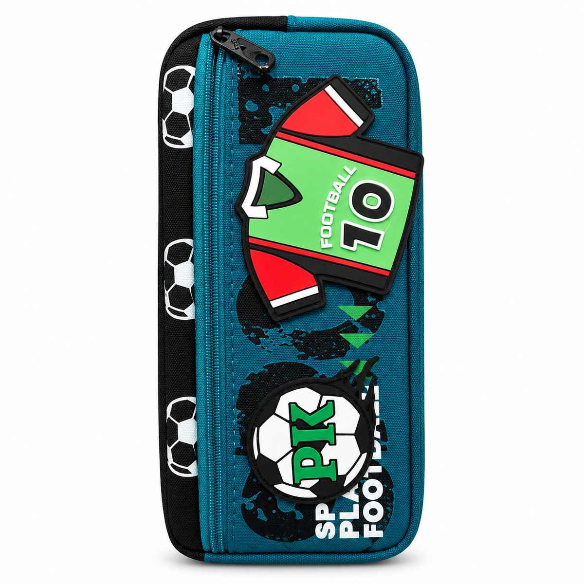 Football Pencil Pouch for Kids with 3D Rubber Patches, Large Zip Pencil Case for School