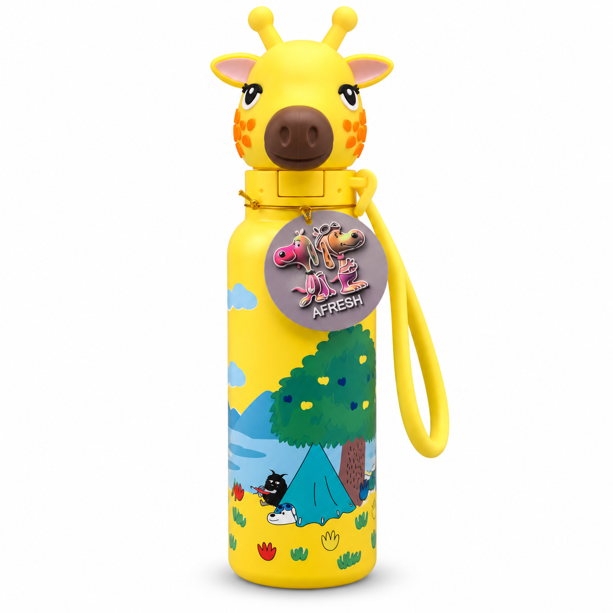 Yellow giraffe kids water bottle with silicone carry strap