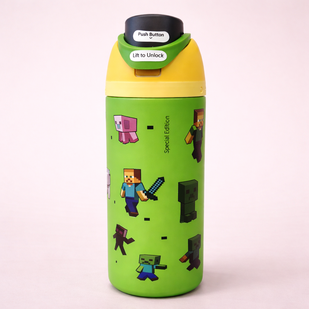 Minecraft Special Edition Insulated Kids Water Bottle – Push Button Flip Lid with Lift-to-Unlock Safety Lock, Stainless Steel, 18oz – Steve, Creeper, Zombie & More