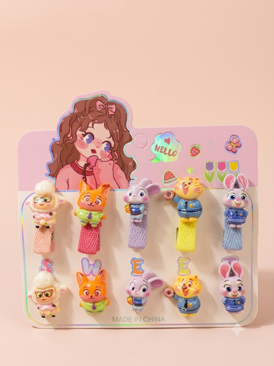 3D Cartoon Animal Hair Ties & Clips Set for Girls – 10 Piece Cute Character Elastic Hair Band & Snap Clip Combo | Bunny, Fox, Tiger & More | Kids Hair Accessories for Toddlers Age 3+ | Birthday Gift