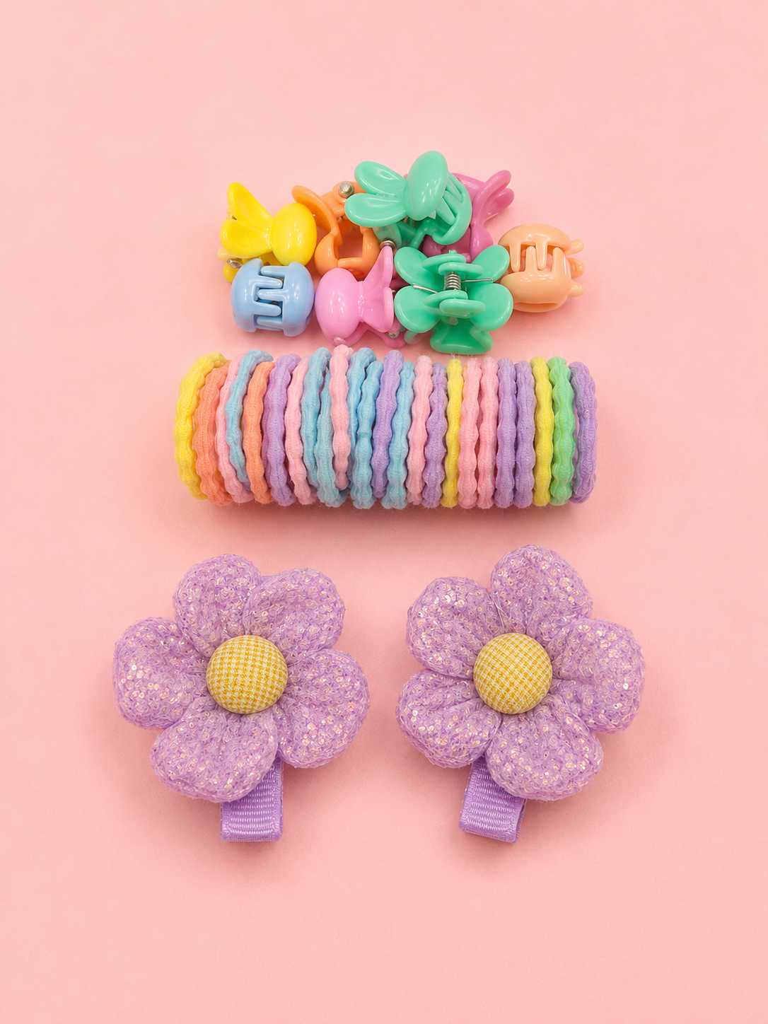 Kids Hair Accessories Set for Girls – 32 Pcs Pastel Combo | 2 Purple Glitter Flower Hair Clips, 10 Mini Claw Clips & 20 Soft Elastic Rubber Bands | Cute Hair Accessories Kit for Baby Girls, Toddlers & Kids – Gift Set