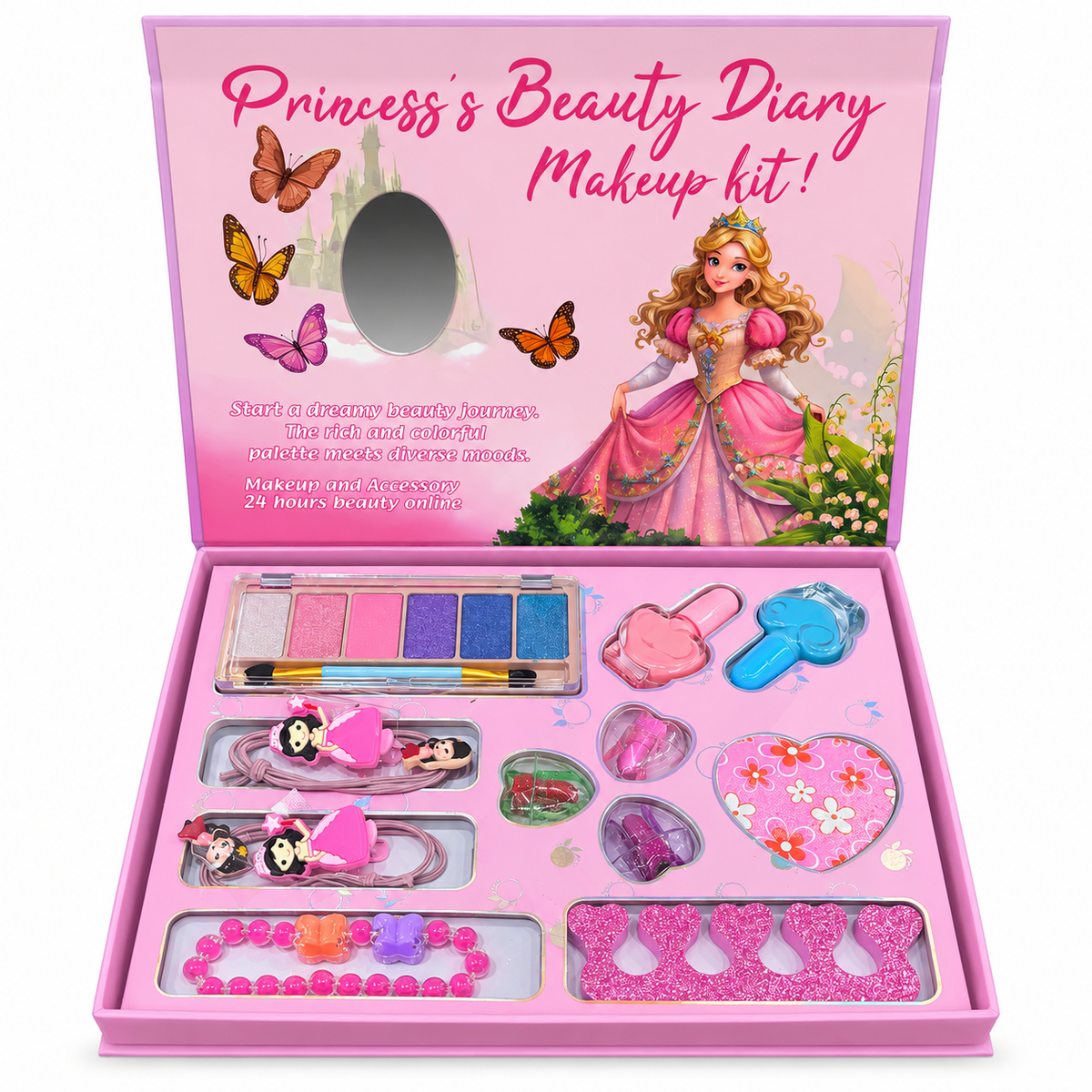 IGOODCO Princess Makeup Kit for Girls – Kids Makeup Set with Eyeshadow Palette, Lip Colours, Nail Polish, Hair Ties & Bracelet | Beauty Diary Gift Box with Mirror | Pretend Play & Dress-Up Gift for Girls (Pink)