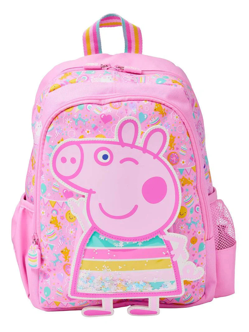 Peppa Pig Kids School Backpack – Large Character Applique with Floating Star Confetti Window, Party All-Over Print & Rainbow Stripe Handle, Girls Ages 2+, Baby Pink
