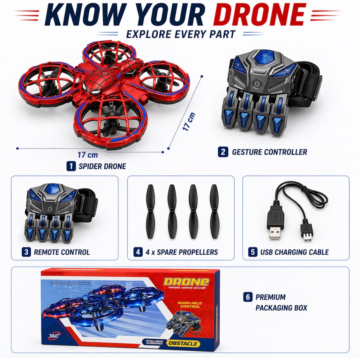 Hand Gesture Control Drone for Kids – Red Web Pattern Mini Drone with Wrist Controller | 360° Flips | Obstacle Avoidance | LED Lights | 3 Speed Modes | One-Key Takeoff & Landing | Age 8+ | Birthday Gift