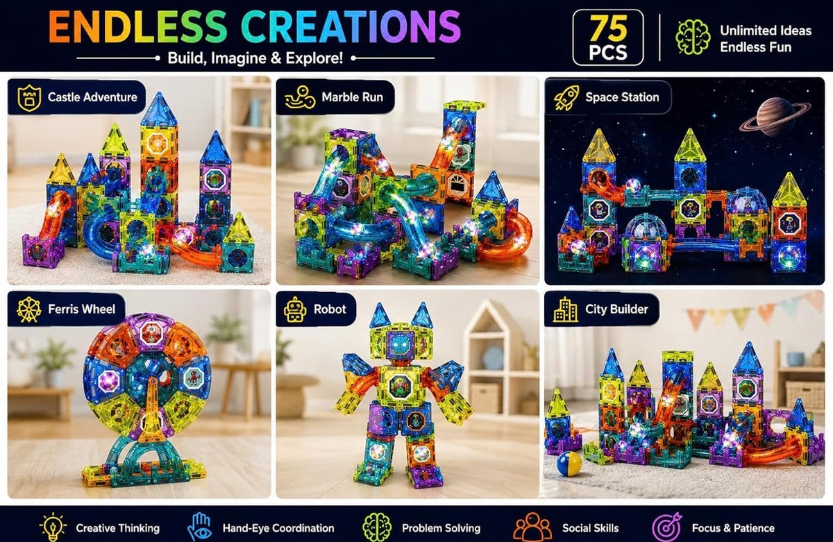 Light-Up Magnetic Marble Run Building Blocks for Kids – 75 Pcs STEM Magnetic Tiles Set with Glowing LED Marbles, Tracks & Tubes | Educational Construction Toy for Boys & Girls 3+ Years

Bullet points