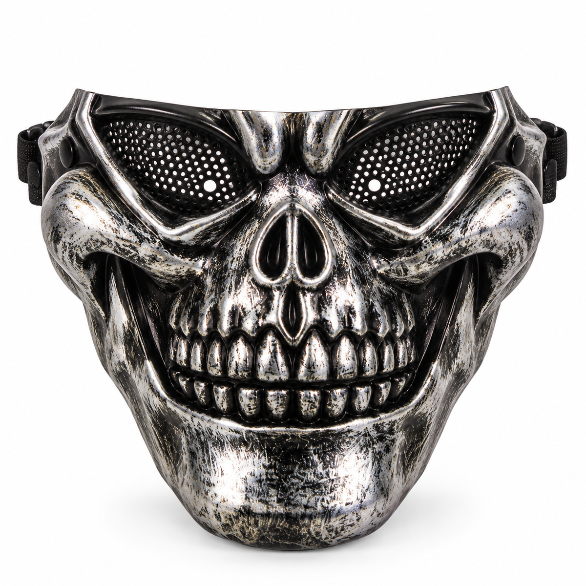 Antique silver skull face mask with mesh eyes on white background
Person wearing silver skeleton mask with adjustable strap at a Halloween party
Close-up of sculpted teeth and nose detail on silver skull mask
Side view of skull face mask showing black adjustable strap