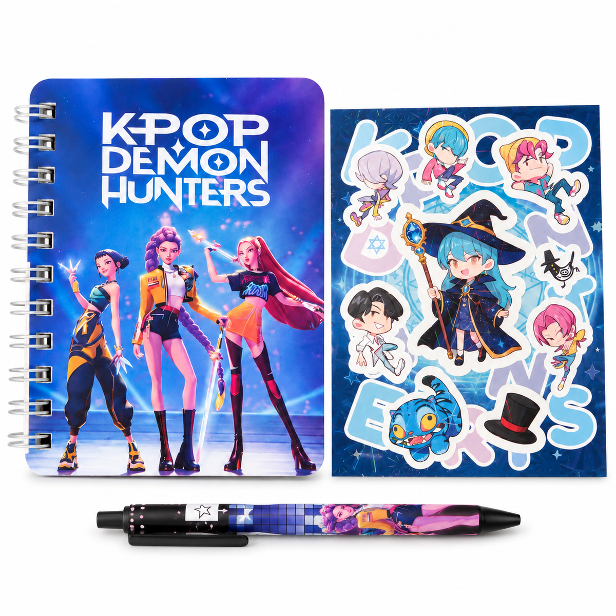 Spiral Notebook Set with Stickers & Pen, KPop Demon Hunters, Unicorn & Dinosaur Designs