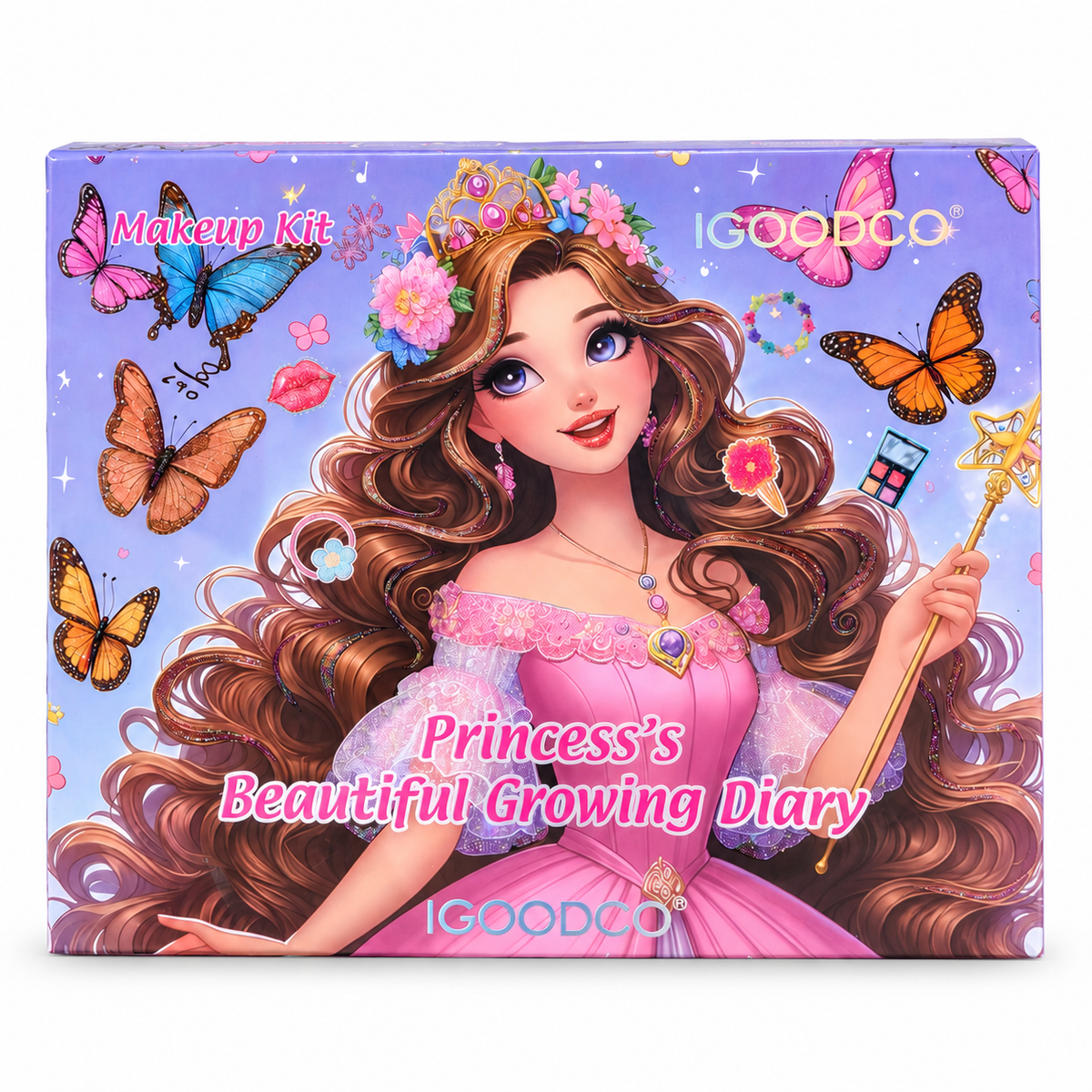 IGOODCO Princess Makeup Kit for Girls – Kids Makeup Set with Eyeshadow Palette, Lip Colours, Nail Polish, Hair Ties & Bracelet | Beauty Diary Gift Box with Mirror | Pretend Play & Dress-Up Gift for Girls (Pink)