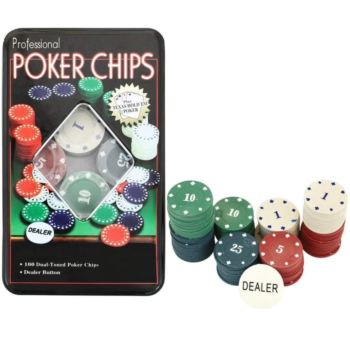 100 Poker Chips Set in Tin Box with Dealer Button, Numbered Chips for Texas Hold'em