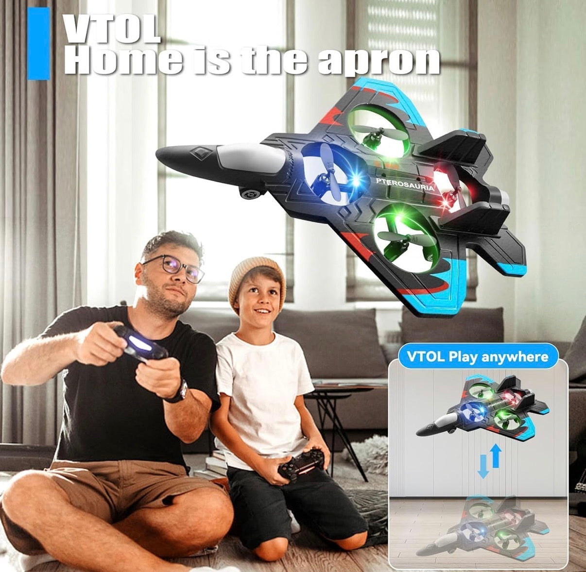 RC Fighter Jet Drone for Kids – VTOL Remote Control Airplane with 4 Propellers & Colourful LED Lights | Indoor & Outdoor Flying Toy | Easy to Fly | Boys & Girls Age 8+ | Birthday Gift