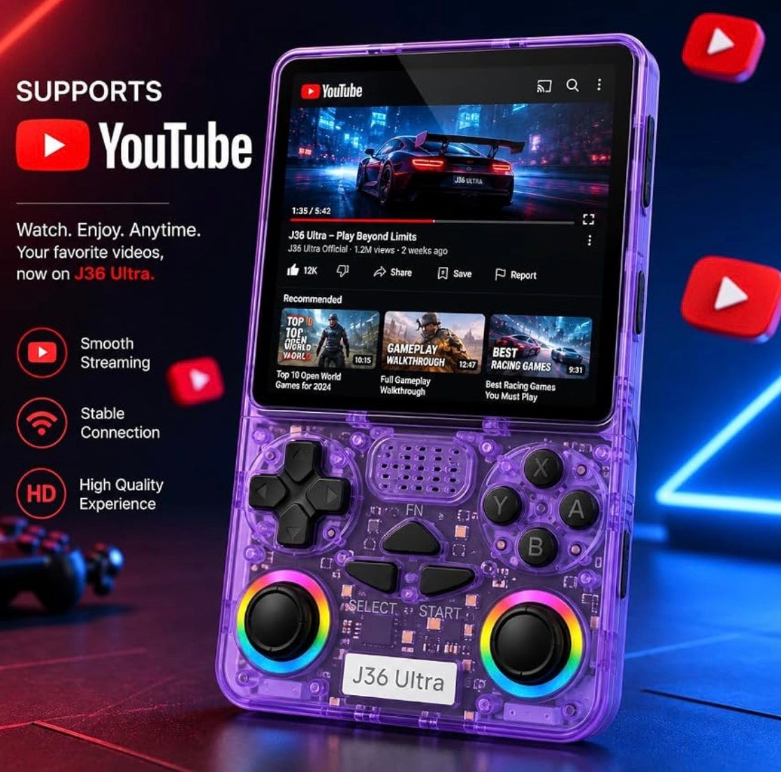 J36 Ultra Handheld Game Console – [X]-inch IPS Screen, Wi-Fi & Bluetooth, Dual Joysticks with RGB Lighting, [XXXX]mAh Rechargeable Battery, Portable Retro-Style Gaming Device – Transparent Purple