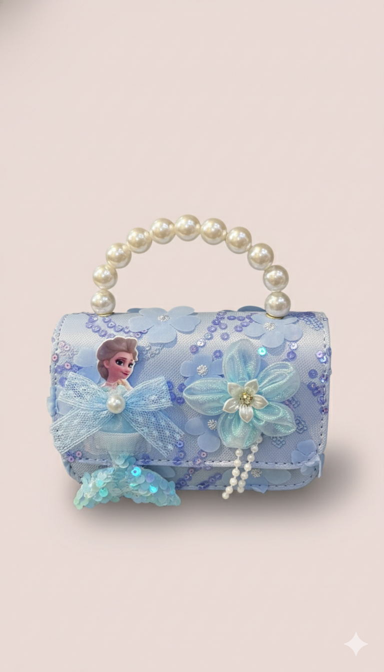 Girls Blue frozen Pearl Handbag | Sequins & Floral Party Purse with Bow | Elegant Mini Shoulder Bag for Dress-Up, Birthdays & Gifting