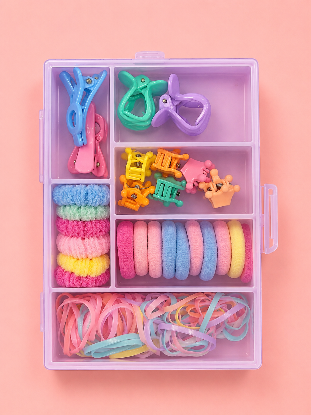 Kids Hair Accessories Organizer Box – All-in-One Hair Clips, Claw Clips, Terry Scrunchies, Elastic Hair Ties & Rubber Bands Set | Complete Hair Styling Kit for Girls & Toddlers – Gift Set