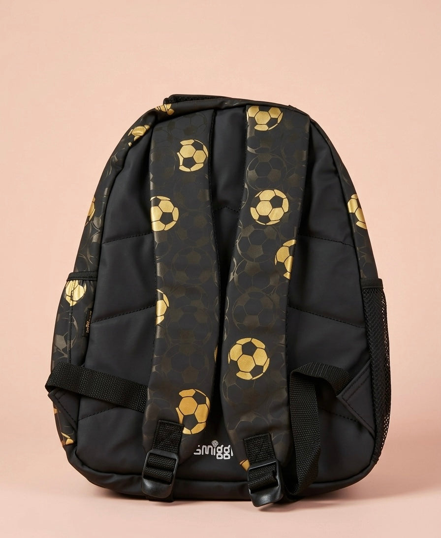 Smiggle Gold Football Kids School Backpack – Raised 3D Metallic Gold Soccer Ball Front Pocket, Gold Hardware & Football All-Over Print, Multi-Compartment Bag for Boys Ages 5+, Black/Gold