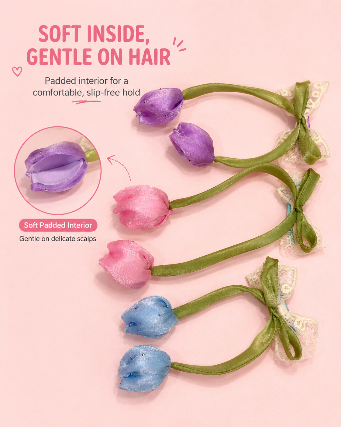 Double Tulip Hair Tie for Girls – Satin Flower Elastic Hair Band with Long Green Stem & Lace Bow | Padded Soft Interior | Pink, Purple & Blue | Kids & Teen Hair Accessories | Birthday & Festive Gift