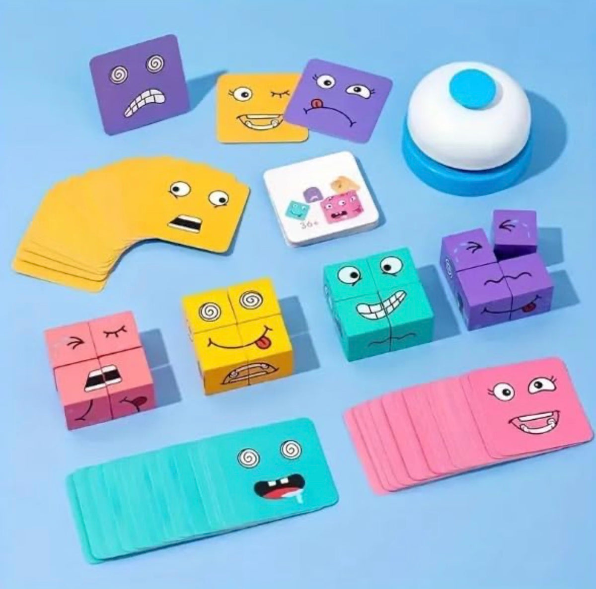 Face Changing Cube Game for Kids with Wooden Blocks, Picture Cards & Bell, Expression Puzzle