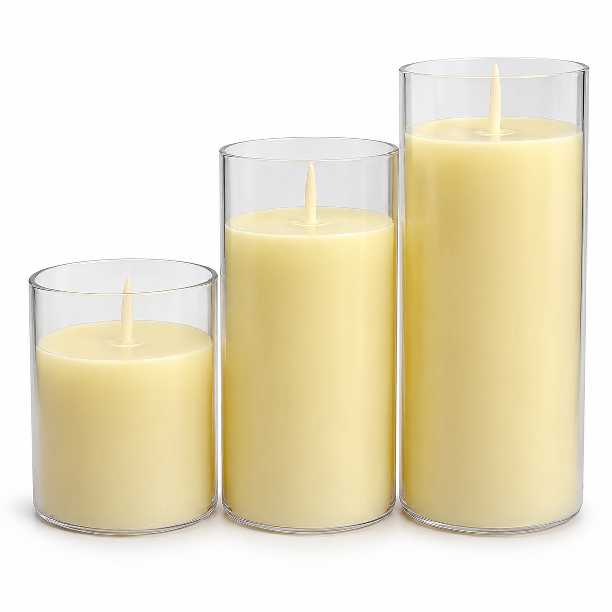 LED Pillar Candles Set of 3 in Clear Holders, Flameless Battery Candles in 3 Heights