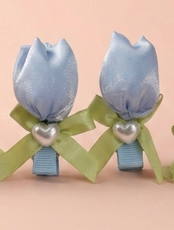 Satin Tulip Flower Hair Clips for Girls – Handcrafted Ribbon Bow Base with Pearl Heart Charm | Set of 2 | Pastel Pink, Blue & Purple | Kids & Teen Hair Accessories | Festive, Party & Birthday Gift