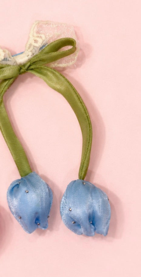 Double Tulip Hair Tie for Girls – Satin Flower Elastic Hair Band with Long Green Stem & Lace Bow | Padded Soft Interior | Pink, Purple & Blue | Kids & Teen Hair Accessories | Birthday & Festive Gift