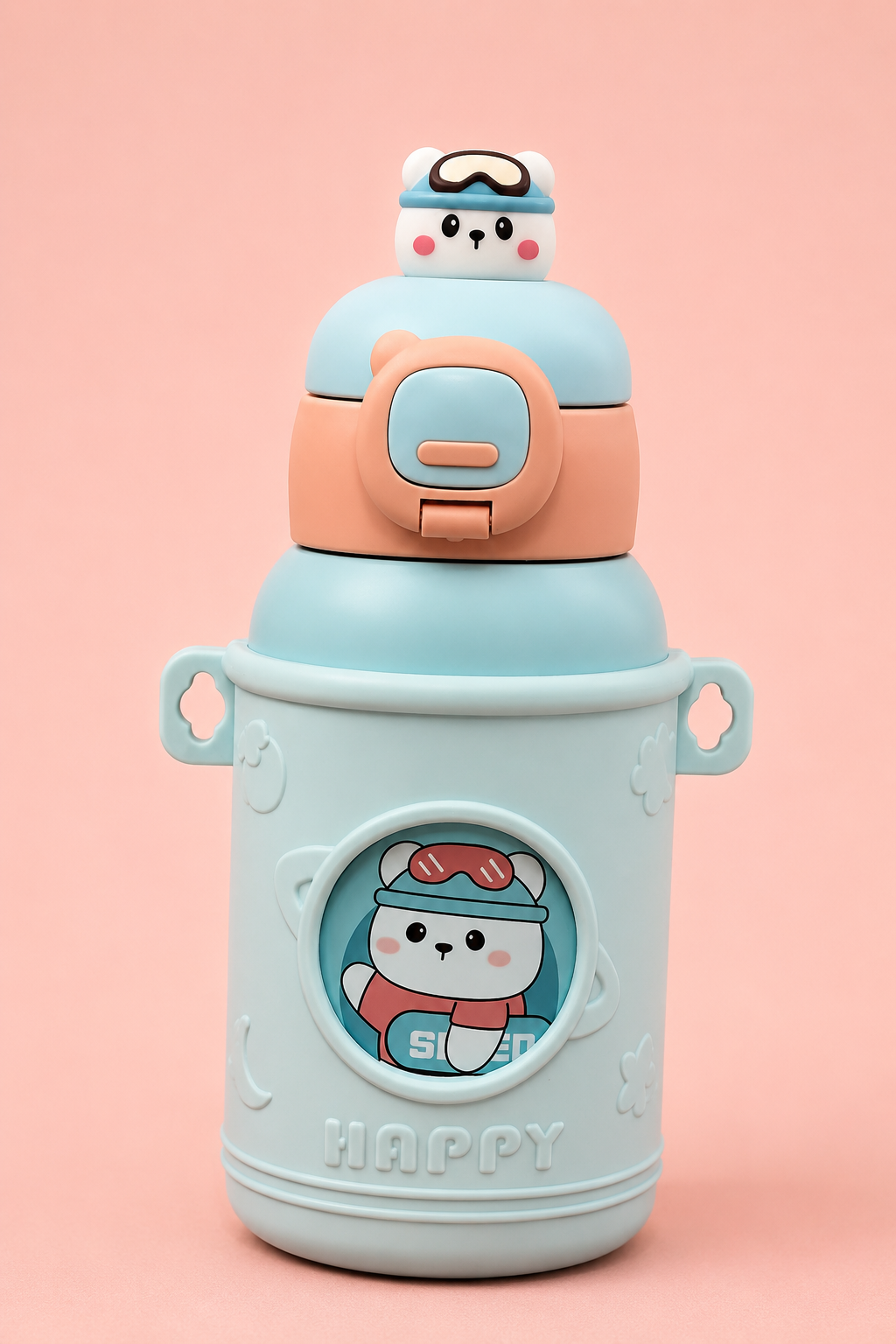 Happy Bunny Kids Water Bottle with Carry Strap | Spill-Proof Flip-Lid Bottle with 3D Bunny Cap & Insulated Body | Cute Cartoon Drinking Bottle for School, Travel & Outdoor Play (Peach Pink)