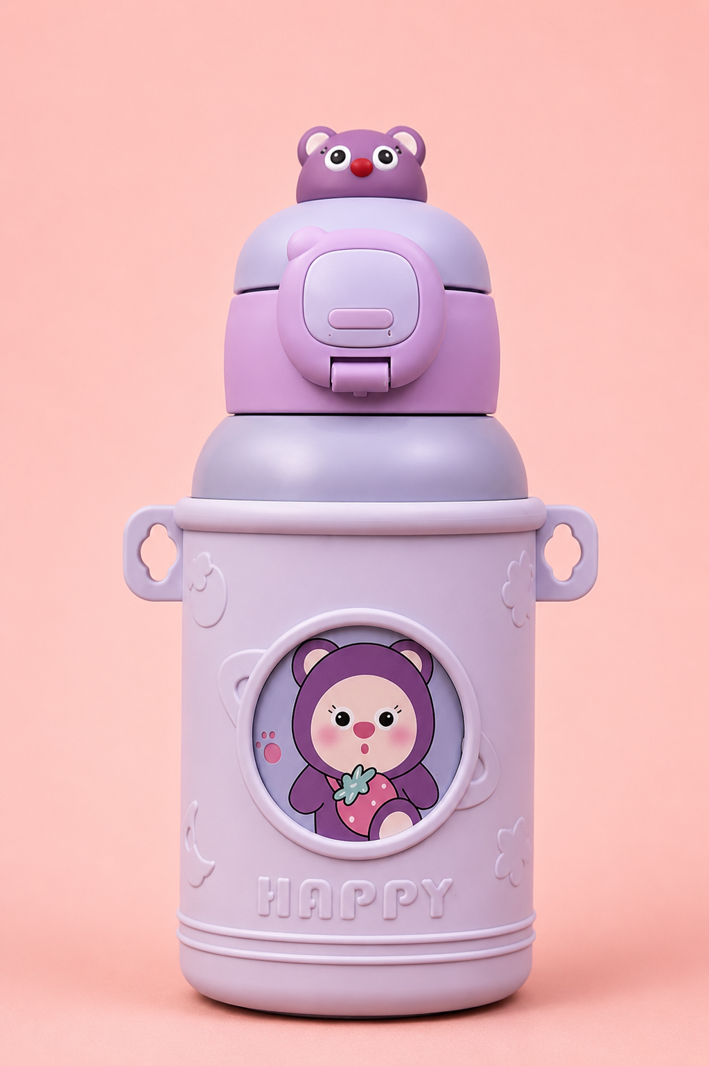 Happy Bunny Kids Water Bottle with Carry Strap | Spill-Proof Flip-Lid Bottle with 3D Bunny Cap & Insulated Body | Cute Cartoon Drinking Bottle for School, Travel & Outdoor Play (Peach Pink)