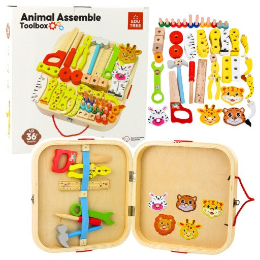 Wooden Toolbox Set for Kids with Animal Assembly Pieces, Nuts, Bolts & Carry Case