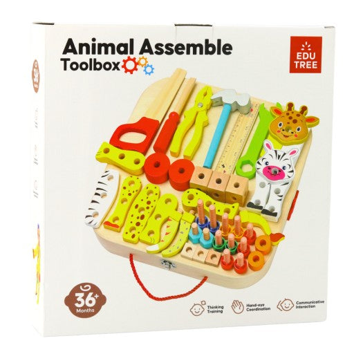 Wooden Toolbox Set for Kids with Animal Assembly Pieces, Nuts, Bolts & Carry Case