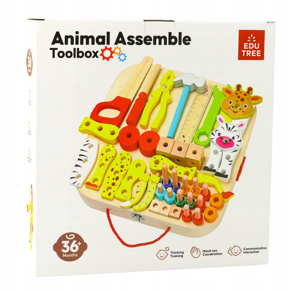 Wooden Toolbox Set for Kids with Animal Assembly Pieces, Nuts, Bolts & Carry Case