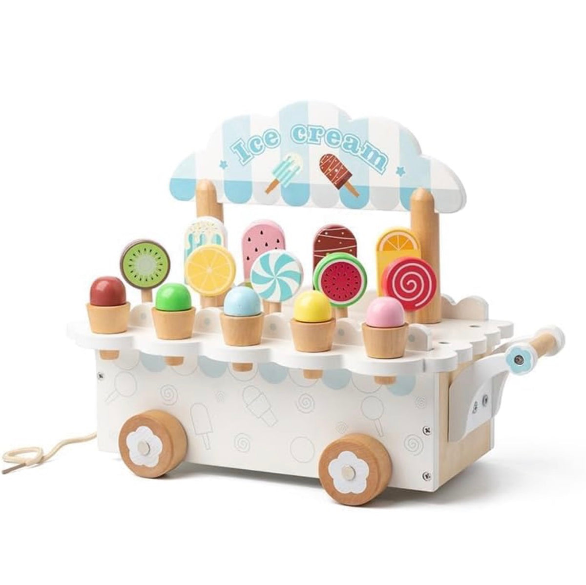 Wooden Ice Cream Cart Toy for Kids with 14 Pretend Treats, Pull-Along Wheels & Handle