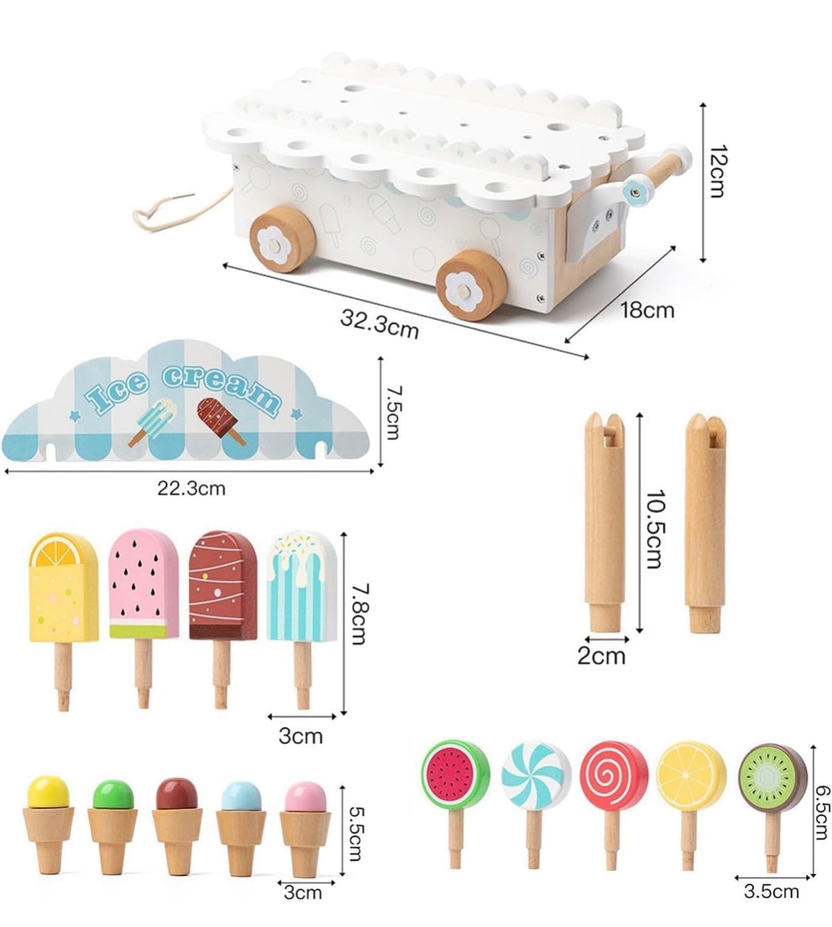 Wooden Ice Cream Cart Toy for Kids with 14 Pretend Treats, Pull-Along Wheels & Handle