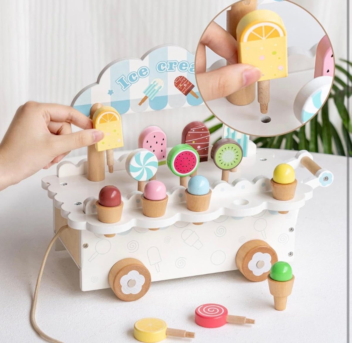 Wooden Ice Cream Cart Toy for Kids with 14 Pretend Treats, Pull-Along Wheels & Handle