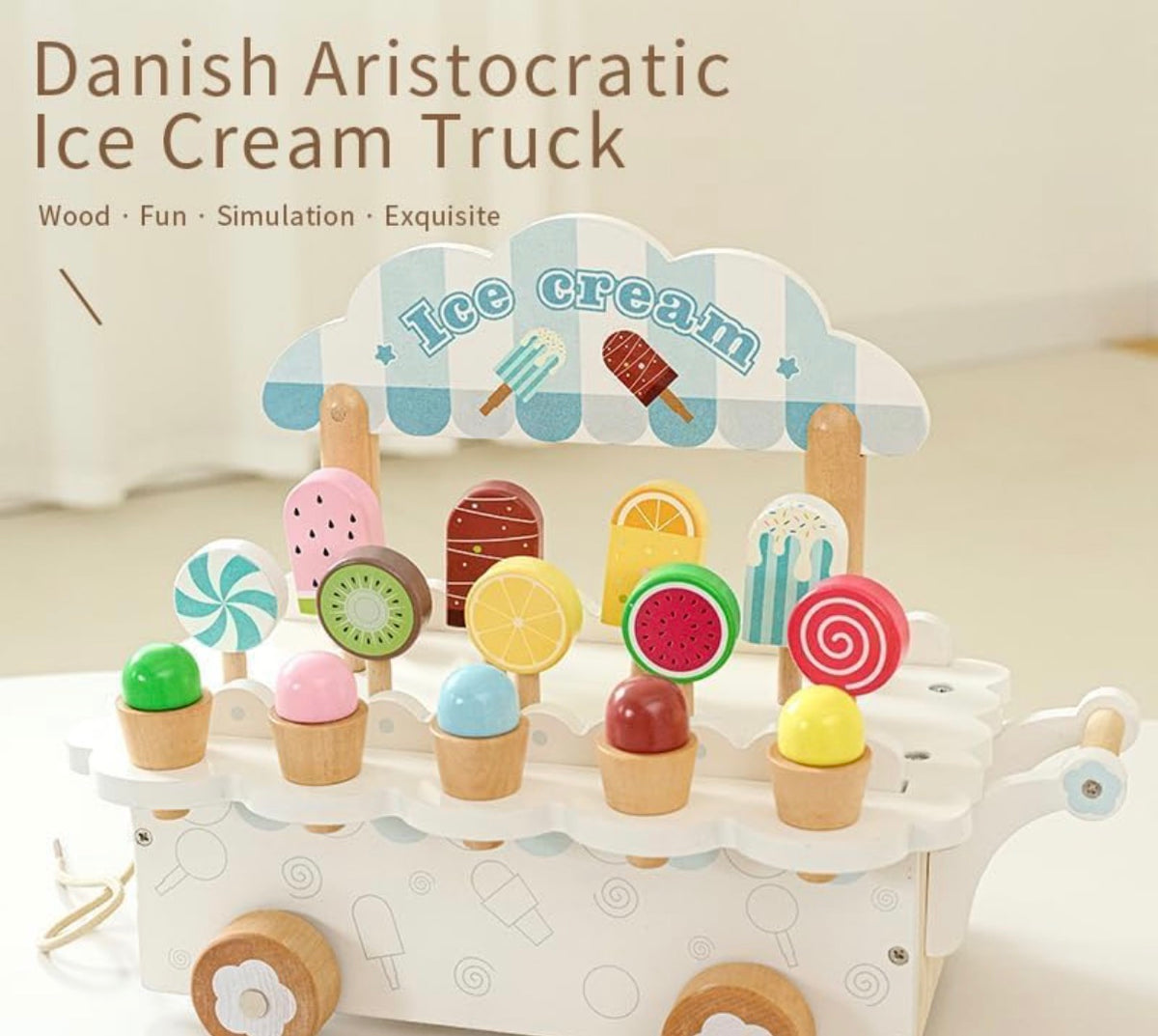 Wooden Ice Cream Cart Toy for Kids with 14 Pretend Treats, Pull-Along Wheels & Handle