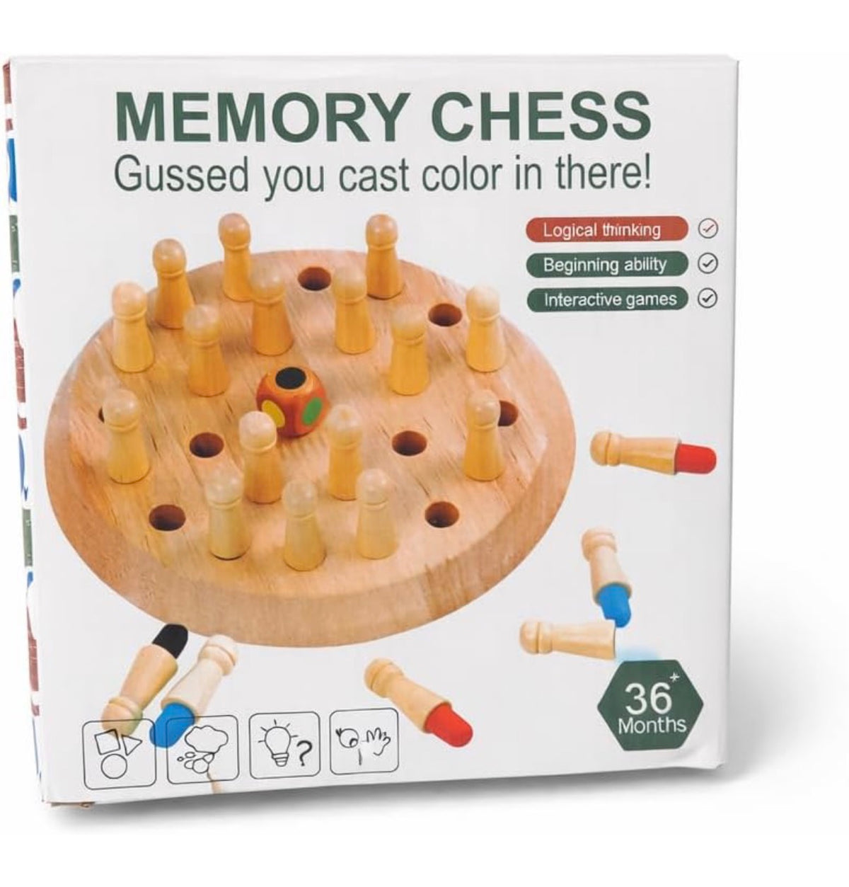 Wooden Memory Chess Game for Kids with 24 Colour Pegs & Dice, Family Brain Game