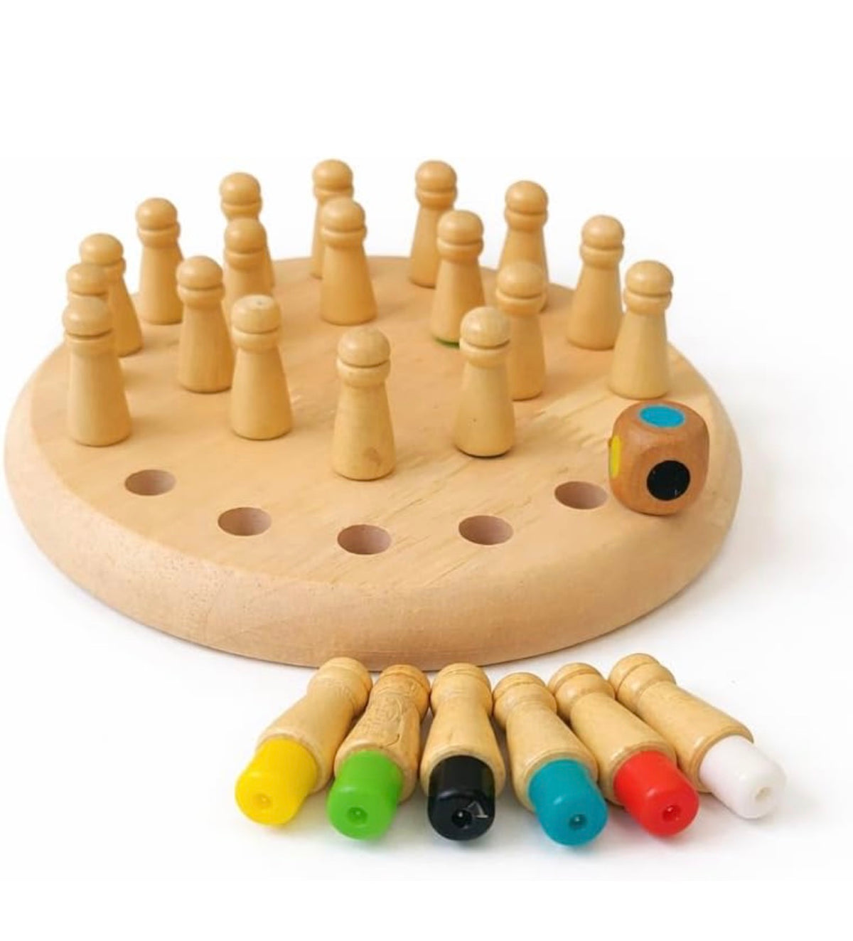 Wooden Memory Chess Game for Kids with 24 Colour Pegs & Dice, Family Brain Game