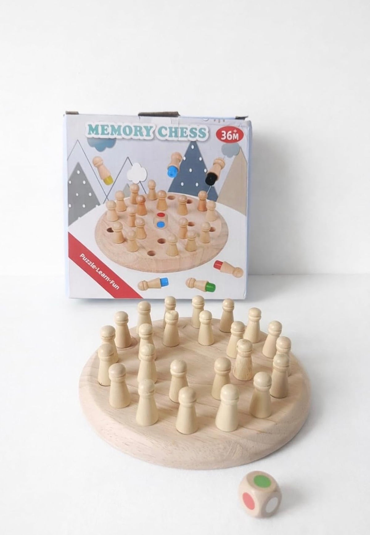 Wooden Memory Chess Game for Kids with 24 Colour Pegs & Dice, Family Brain Game