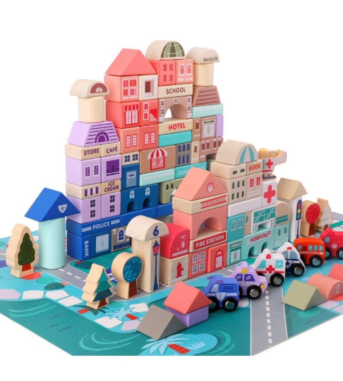 Wooden City Building Blocks Set with Road Play Mat, Toy Cars & ABC 123 Blocks for Kids